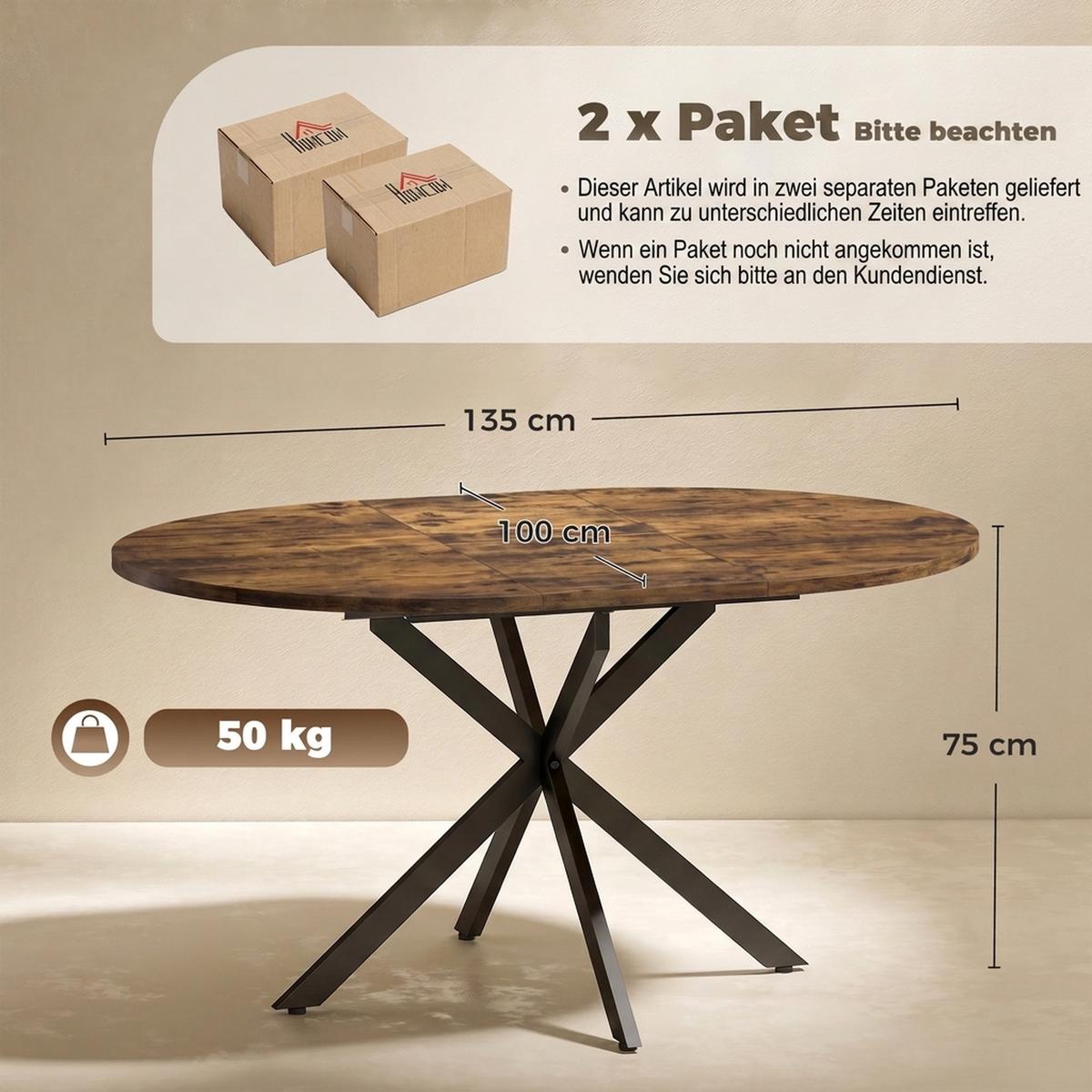 AUSZIEHBARER-ESSTISCH MDF Stahl Rustikal-Braun - Dunkelbraun/Schwarz, Holzwerkstoff/Metall (135/100/75cm) - HOMCOM