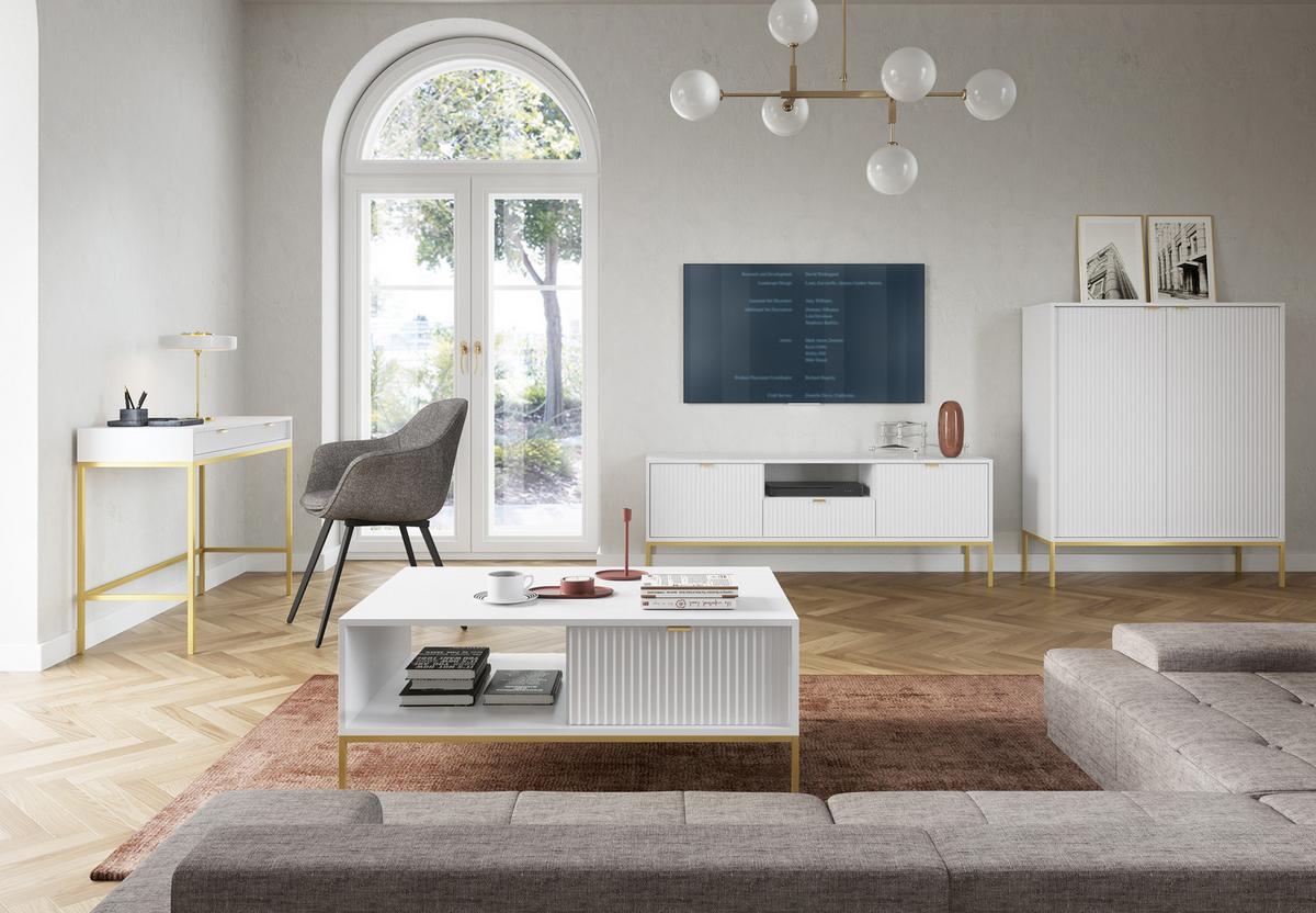 LOWBOARD Eternas 2T 1S Weiß 154/56/39 cm – goldene Füße, mit geriffelten Fronten und offener Ablage - Goldfarben/Weiß, Holzwerkstoff (154/56/39cm) - AX Living