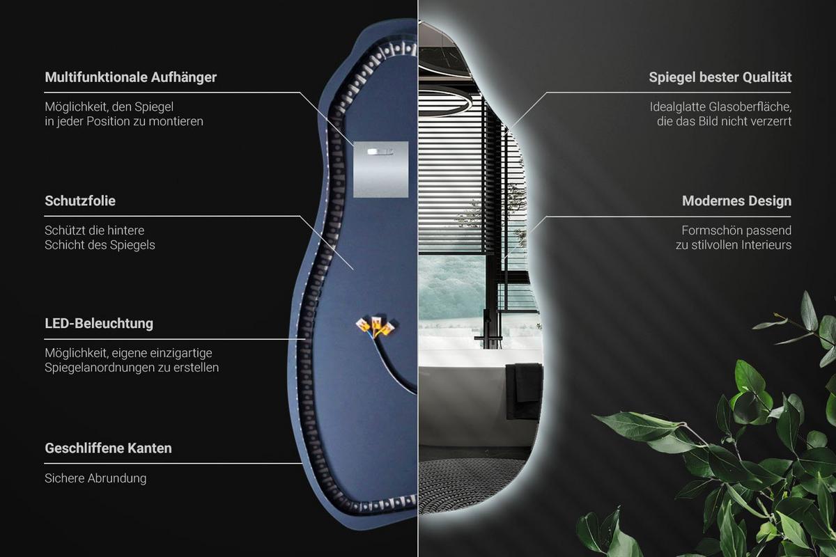 LED-SPIEGEL 40x80 cm Asymmetrisch Kaltweiß 6000K - Blau, Glas (40/80/0.4cm) - Wallfluent