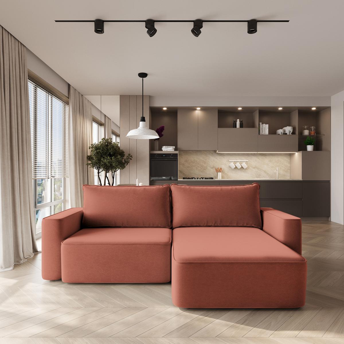 ECKSOFA BELISE CL Koralle Veloursstoff mit Schlaffunktion - Koralle, Holz/Textil (252/162cm) - MASSENO