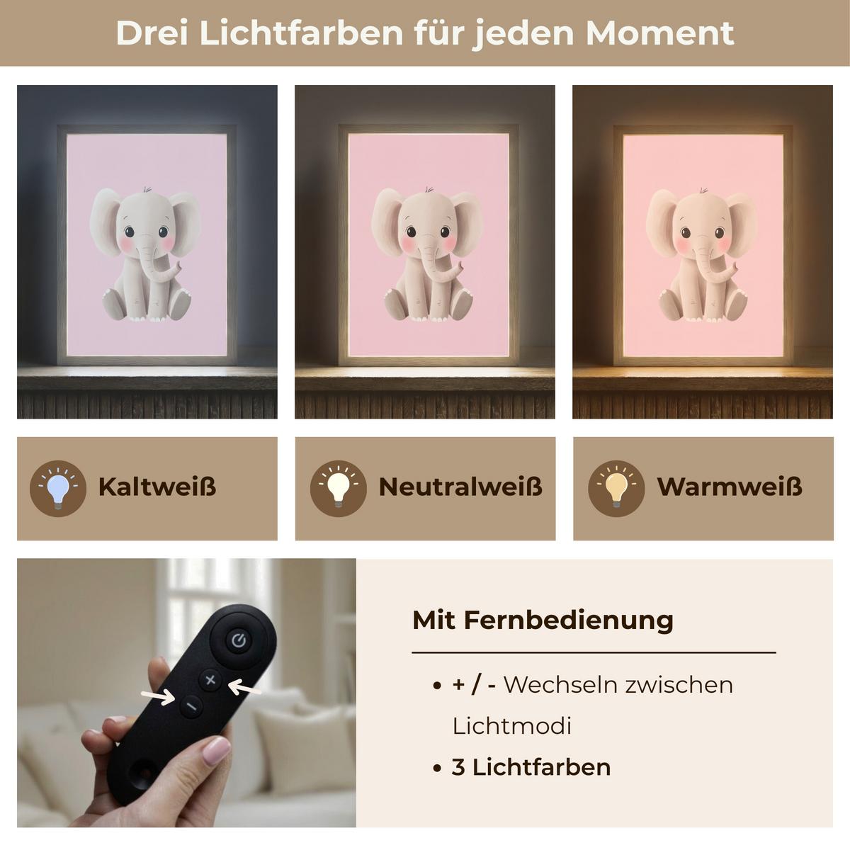 WANDLEUCHTE MIT AKKU Elefant - Baby - Rosa - Cartoon 30x40 cm - Hellrosa, Holzwerkstoff (30/40/8cm) - OnlyWow