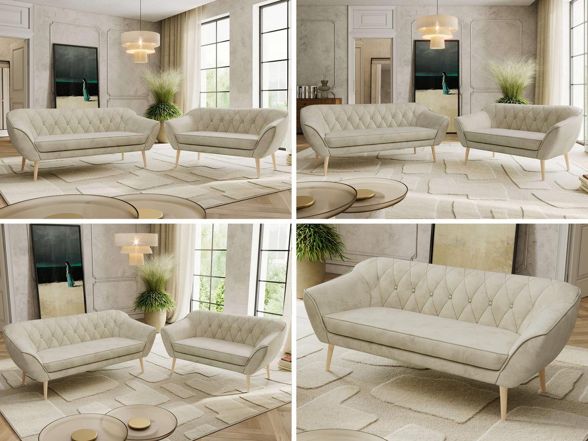 SITZGARNITUR PIRS 3+2 - Beige Velvet - Holzbeine - Beige/Buchefarben, Holzwerkstoff/Textil (180/75/74cm) - MKS