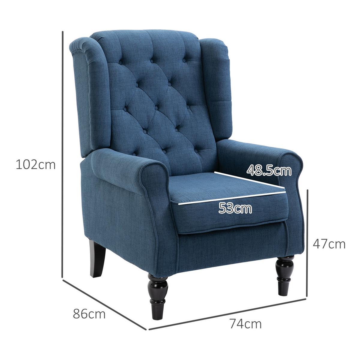 OHRENSESSEL Gepolstert Sessel mit Tufting, hoher Rückenlehne bis 160 kg, Blau - Blau/Schwarz, Holz/Textil (86/102/74cm) - HOMCOM