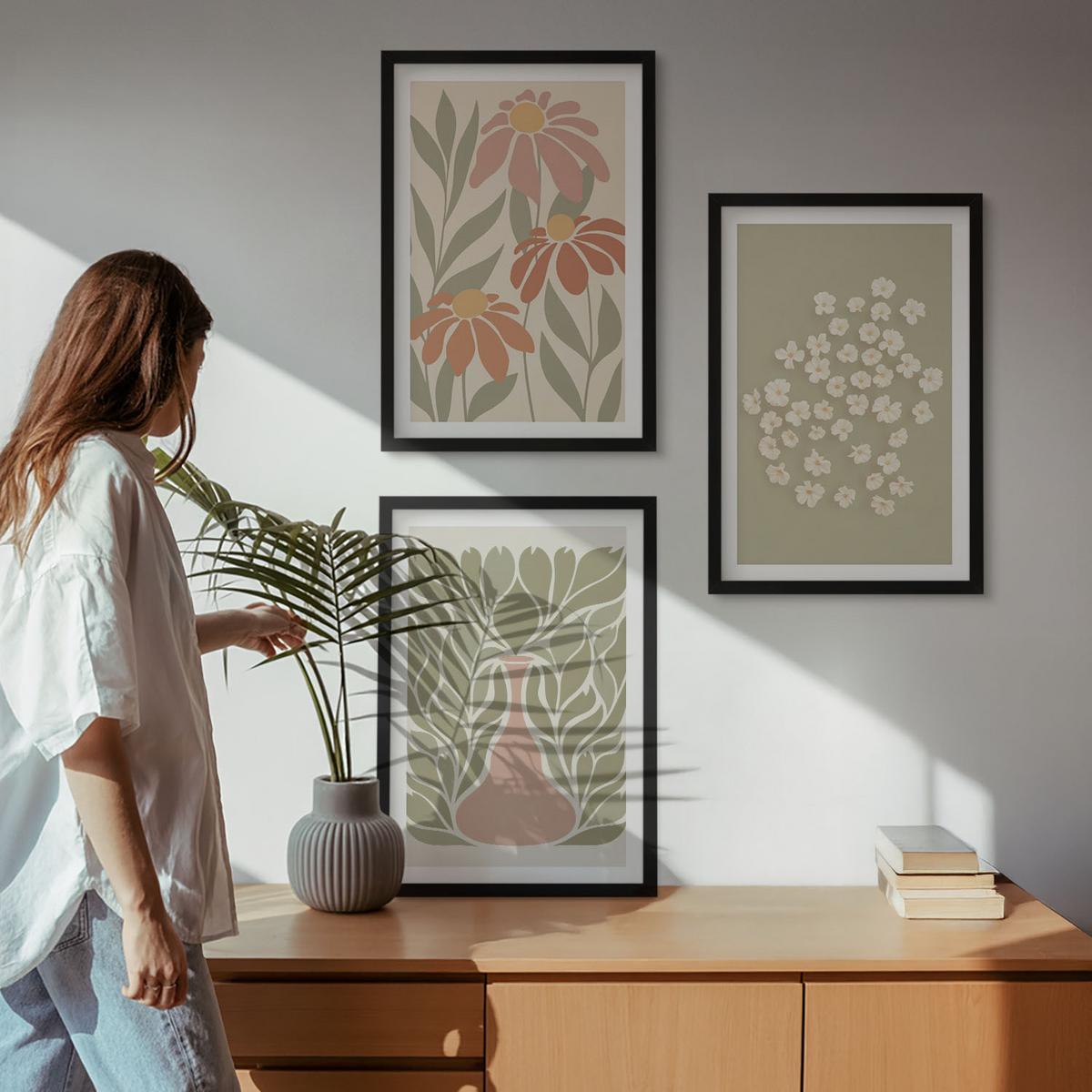 BILDER SET 3er Set - 40x60 cm Schwarzer Rahmen - Florale Boho-Muster - Schwarz, Kunststoff (40/60cm) - TULUP