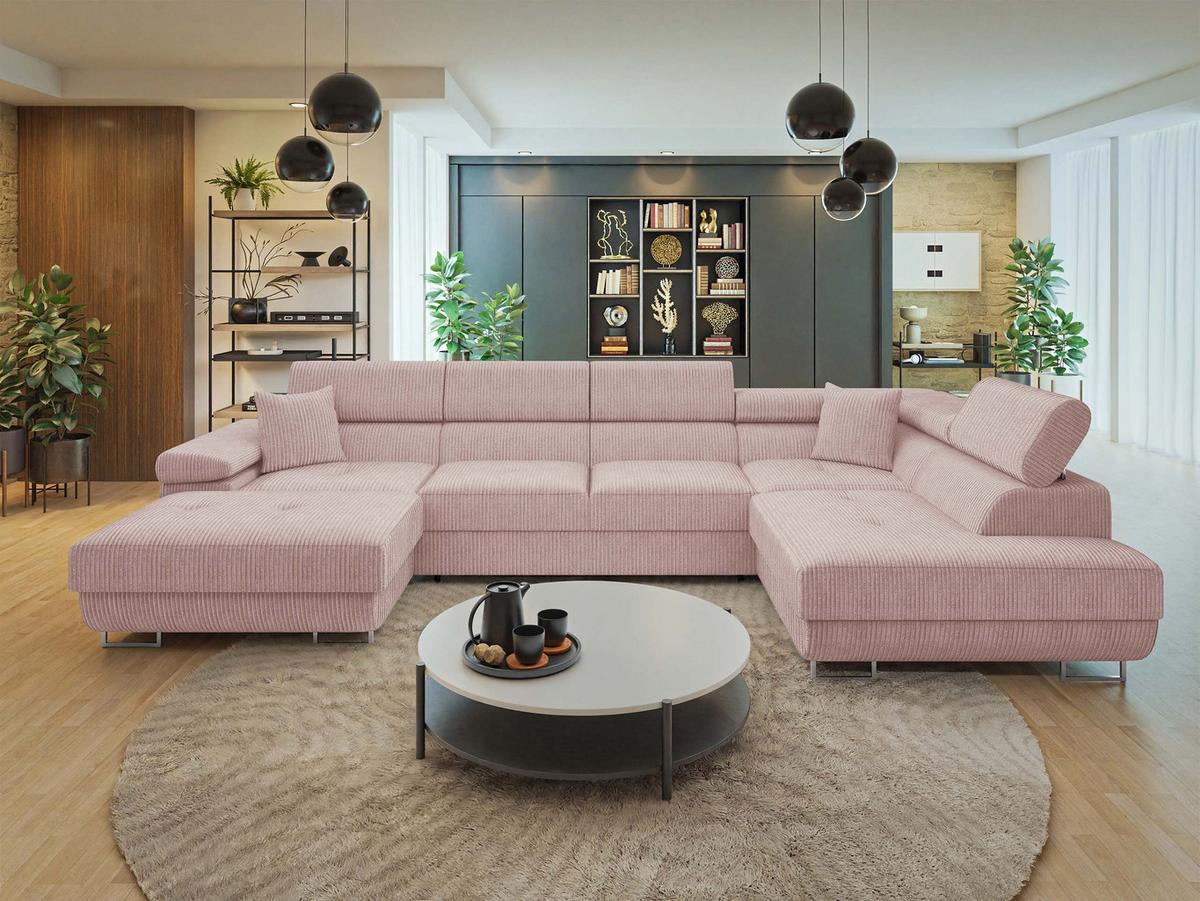 WOHNLANDSCHAFT Torezio Bis Cord, Seite: Rechts - Rosa, Holz/Textil (346/90/203cm) - MIRJAN24