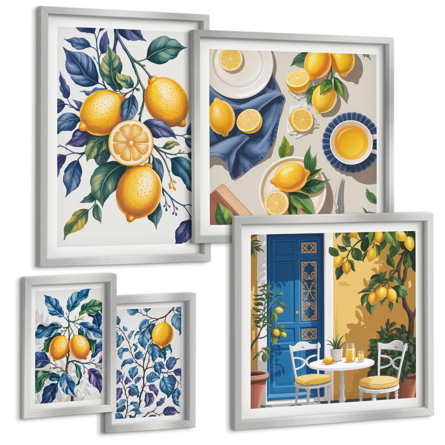 BILDER SET 5er Set - 50x50 cm & 20x30 cm & 40x60 cm Silberner Rahmen - Grüne Oliven, Eukalyptus - Silberfarben, Kunststoff (40/60cm) - TULUP