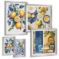 BILDER SET 5er Set - 50x50 cm & 20x30 cm & 40x60 cm Silberner Rahmen - Grüne Oliven, Eukalyptus - Silberfarben, Kunststoff (40/60cm) - TULUP