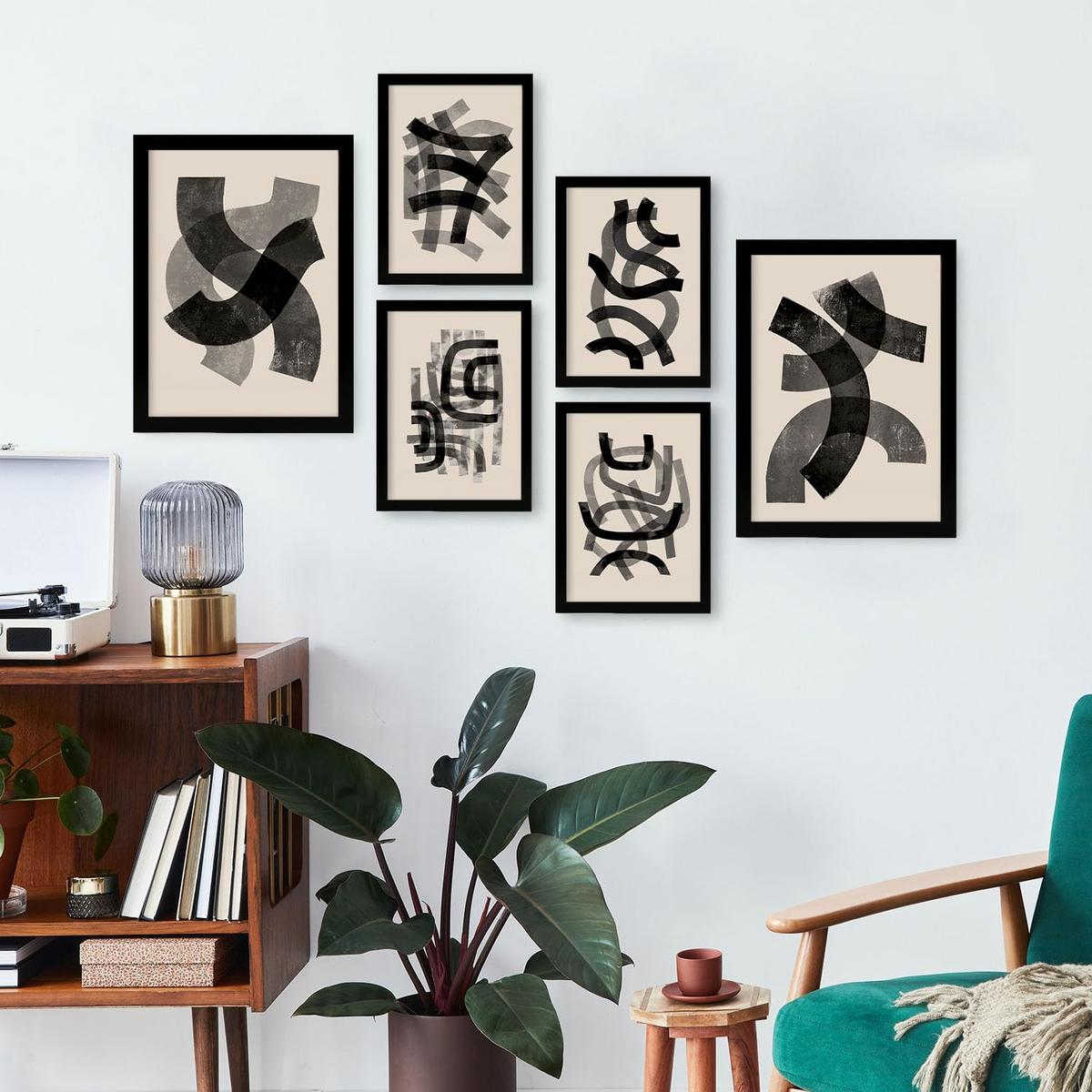 POSTER Set Mit 6 Gekrümmte Frames 1 In Form Abstracts Ästhetische Dekorative Gemälde Für Ihr Wohnzimmer Schlafzimmer Zuhause A3 & A4 Schwarzer Rahmen - Schwarz, Papier (29/3cm) - Nacnic