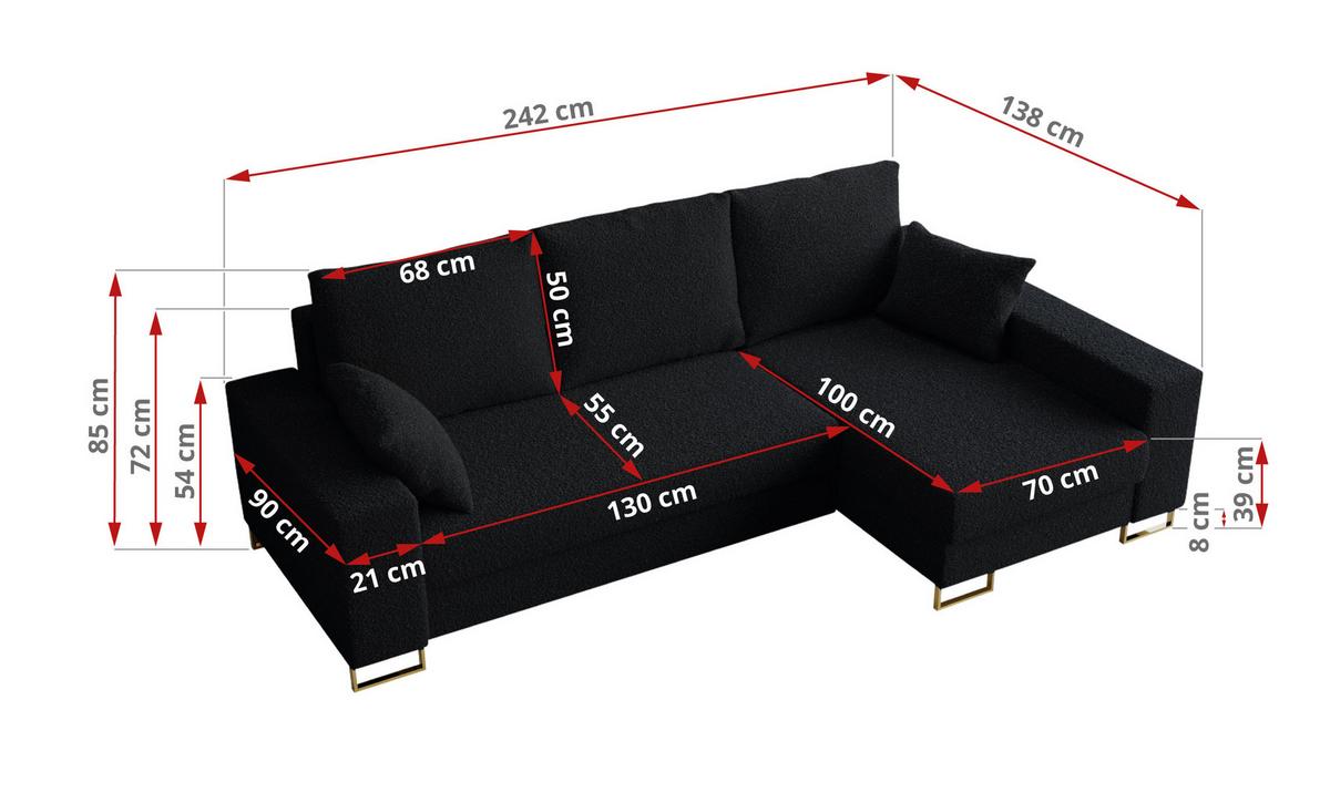 ECKSOFA Dorian Boucle Schwarz - Goldfarben/Schwarz, Textil/Metall (242/138cm) - MKS