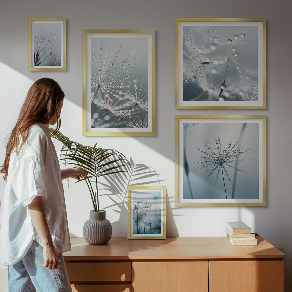 BILDER SET 5er Set - 50x50 cm & 20x30 cm & 40x60 cm Goldrahmen - Tautropfen auf Löwenzahn - Goldfarben, Kunststoff (40/60cm) - TULUP