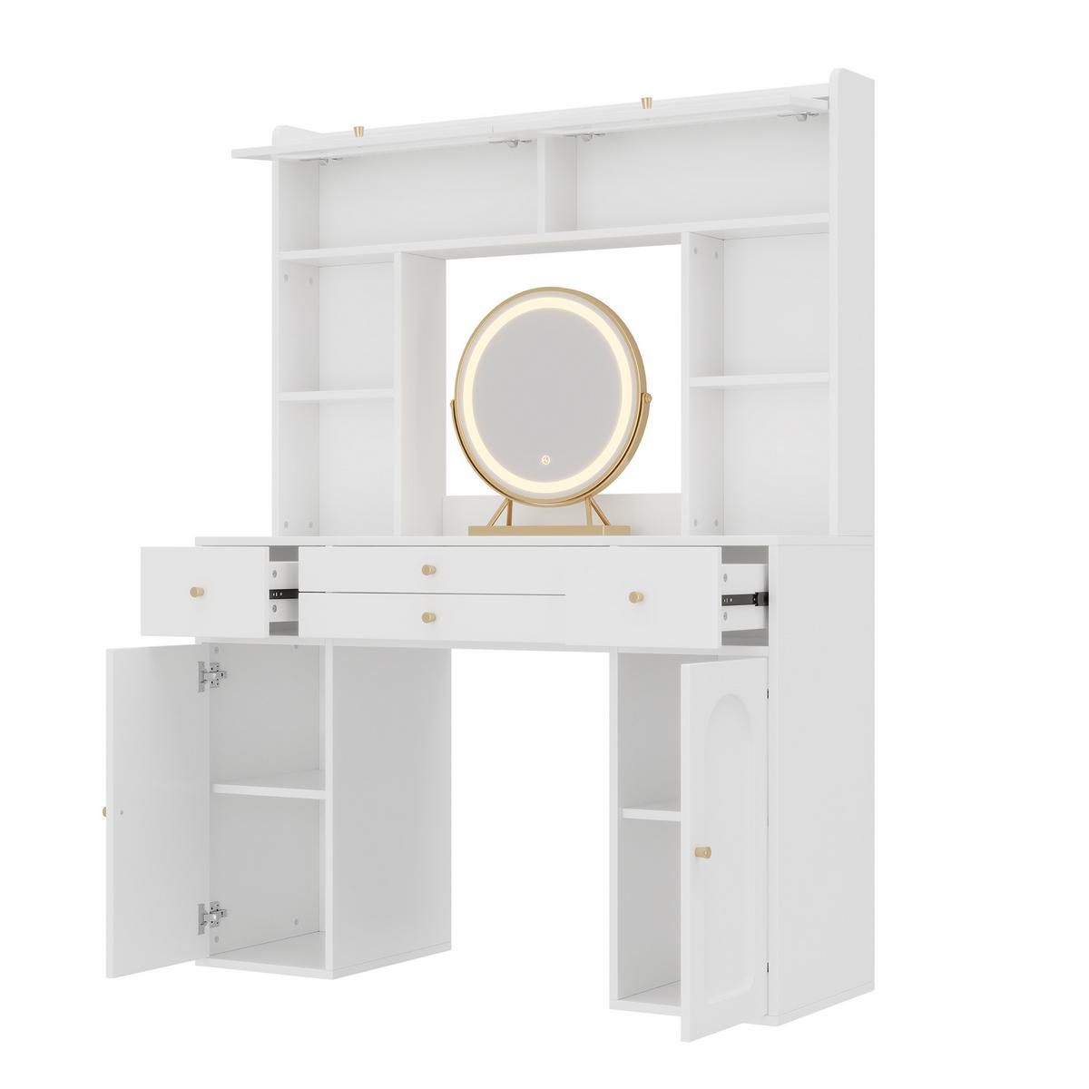 SCHMINKTISCH Weiß mit LED-Spiegel, 4 Schubladen, Schränken & App-Beleuchtung - Weiß, Holzwerkstoff (120/160/40cm) - Urban Meuble