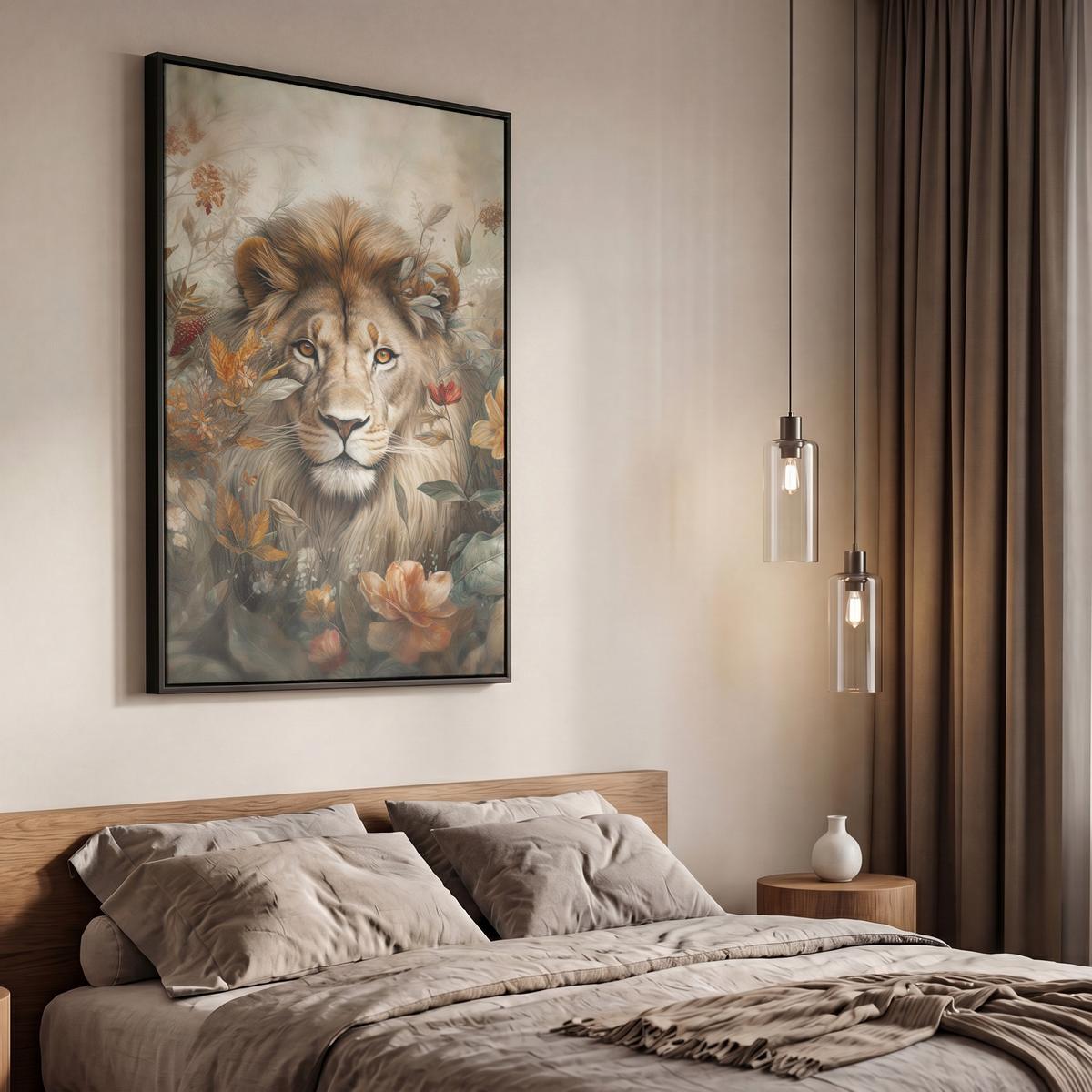 LEINWAND Bilder mit Rahmen - Löwe - Wildtiere - Pflanzen - Natur - Blumen - 60x90 - Beige, Textil (60/90cm) - MuchoWow