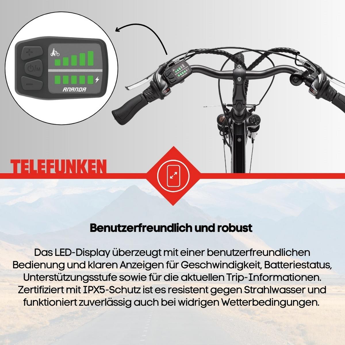 E-BIKE XT481 Trekking Elektrofahrrad 21-Gang Shimano Kettenschaltung, Pedelec, 10Ah, 36V Akku - Anthrazit, Metall (110cm) - Telefunken