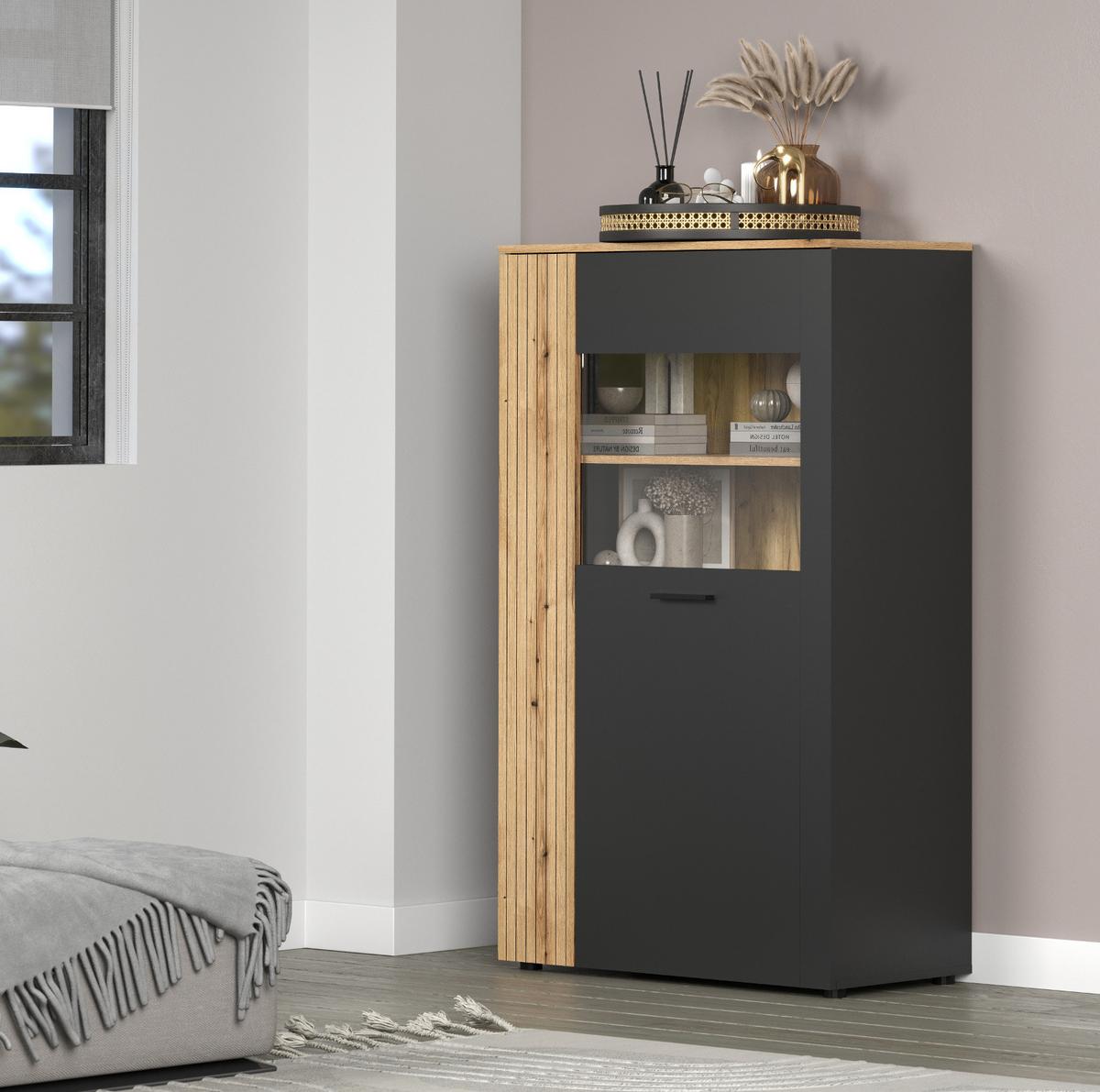 HIGHBOARD grau, Evoke Eiche 90 x 146 cm, Vitrine 2-türig - Eichefarben/Anthrazit, Holzwerkstoff/Kunststoff (90/146/42cm) - Top.Furn