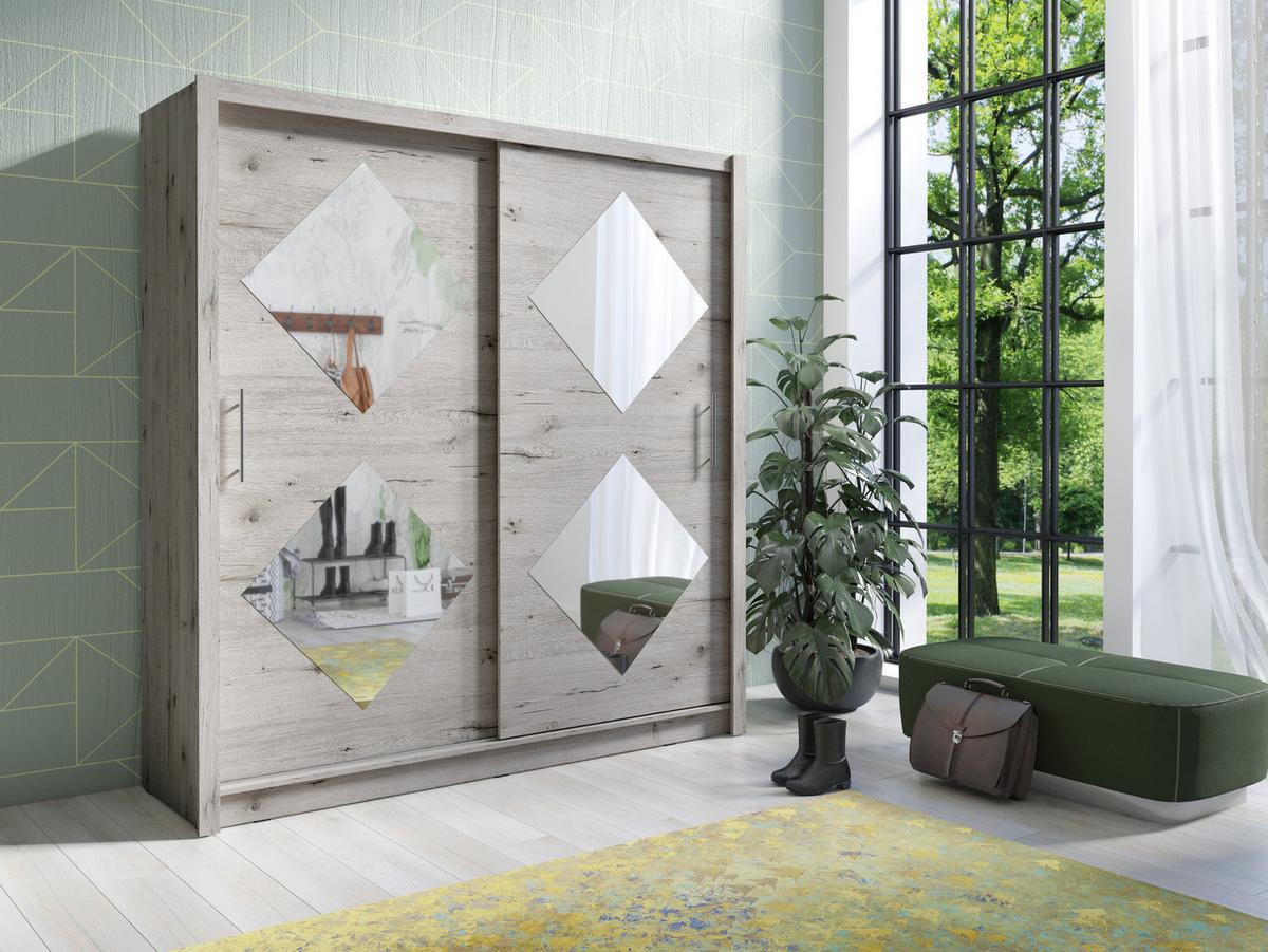 SCHWEBETÜRENSCHRANK ANVO 204,4/215/61,9cm 2-türig mit Spiegel Eiche Wellington - Eichefarben, Holzwerkstoff (204.4/215/61.9cm) - MASSENO