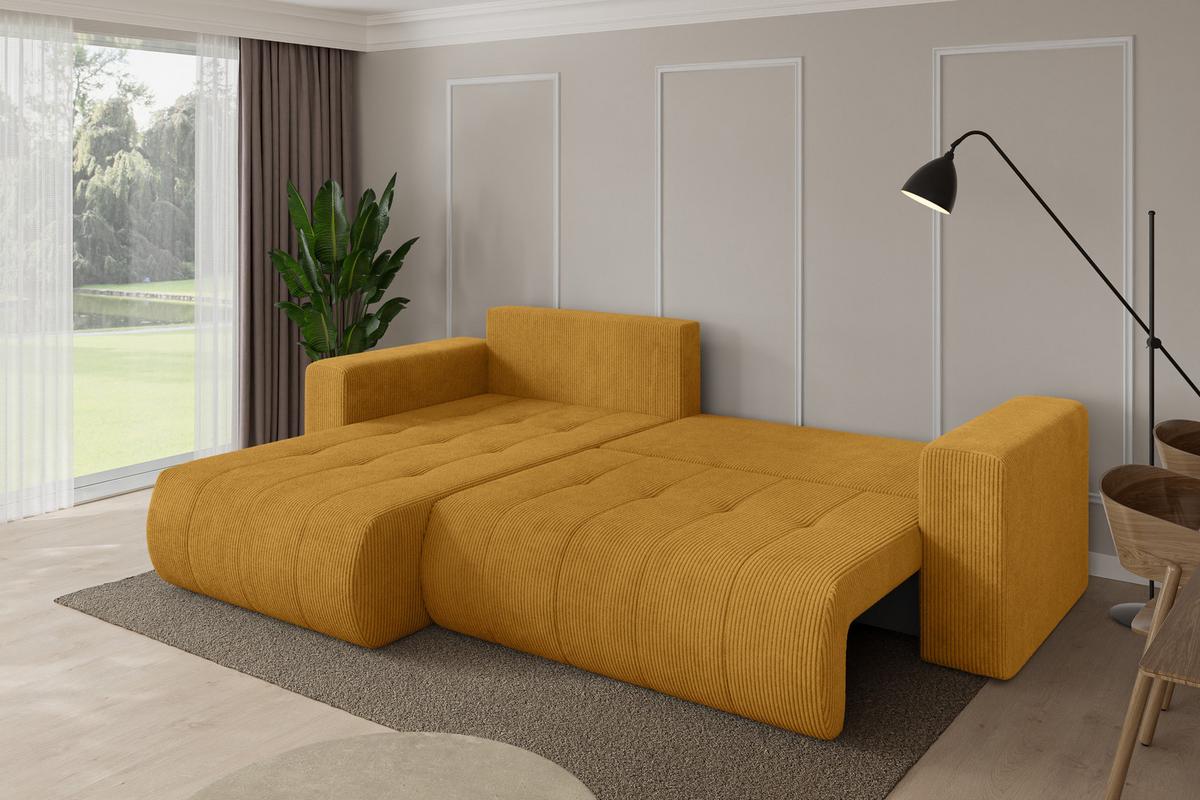 ECKSOFA mit Schlaffunktion Ottomane Links MILA-L 277x194x86 Senfgelb Cord - Dunkelgelb/Schwarz, Holzwerkstoff/Kunststoff (277/194cm) - ALTDECOR