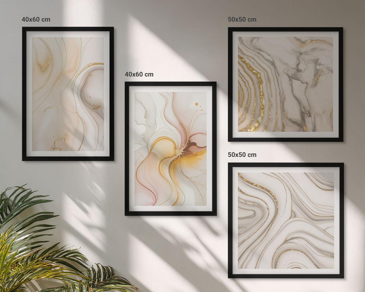 BILDER SET 4er Set - 50x50 cm & 40x60 cm Schwarzer Rahmen - Abstrakte warme Muster - Schwarz, Kunststoff (50/50cm) - TULUP