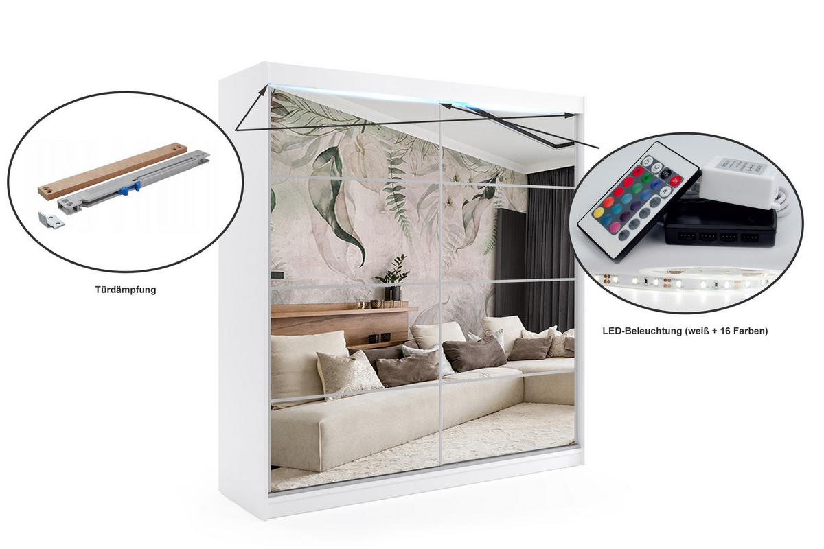 KLEIDERSCHRANK mit Spiegel-Schiebetüren und Aluminium-Leisten, LED-Beleuchtung - VIVONA - 200 cm Schwarz - Schwarz, Holzwerkstoff (120/216/61cm) - ALTDECOR