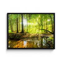POSTER MIT RAHMENGERAHMTES BILD Wald - Landschaft - Wasser - Bäume - Sonne - Grün - Natur 80x60 cm - Grün, Papier (80/60cm) - MuchoWow