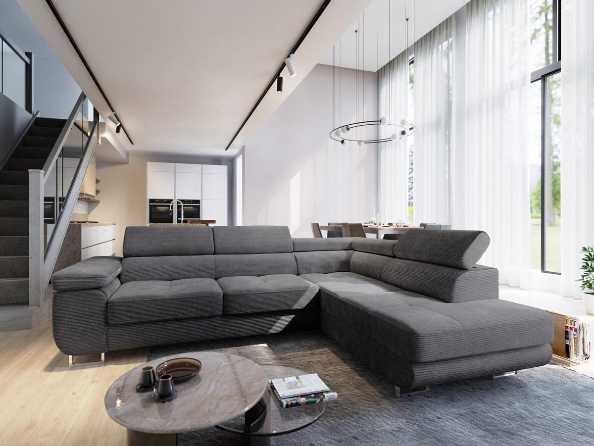ECKSOFA APIRO R-S Graphitfarben Kordstoff mit Schlaffunktion - Silberfarben/Graphitfarben, Holz/Textil (276/202cm) - MASSENO