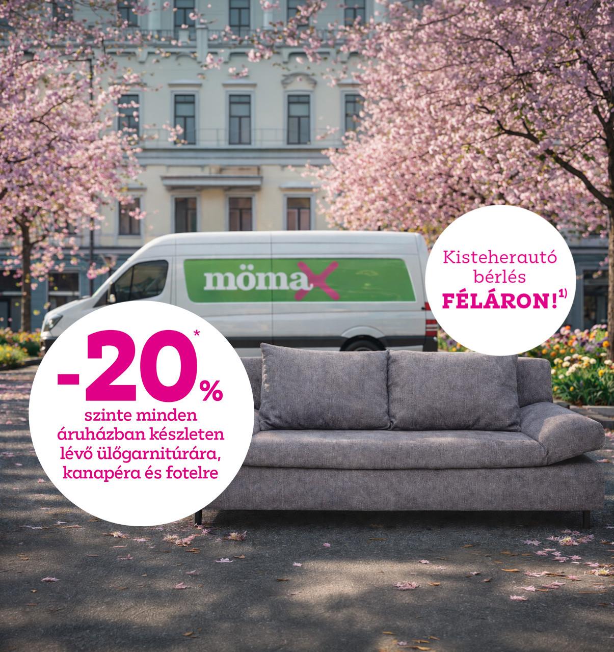 -20% szinte minden áruházban készleten lévő ülőgarnitúrára, kanapéra és fotelre! Kisteherautó bérlés féláron! Érvényes az áruházakban és a Trendshopban 2026.04.27-05.03. között.