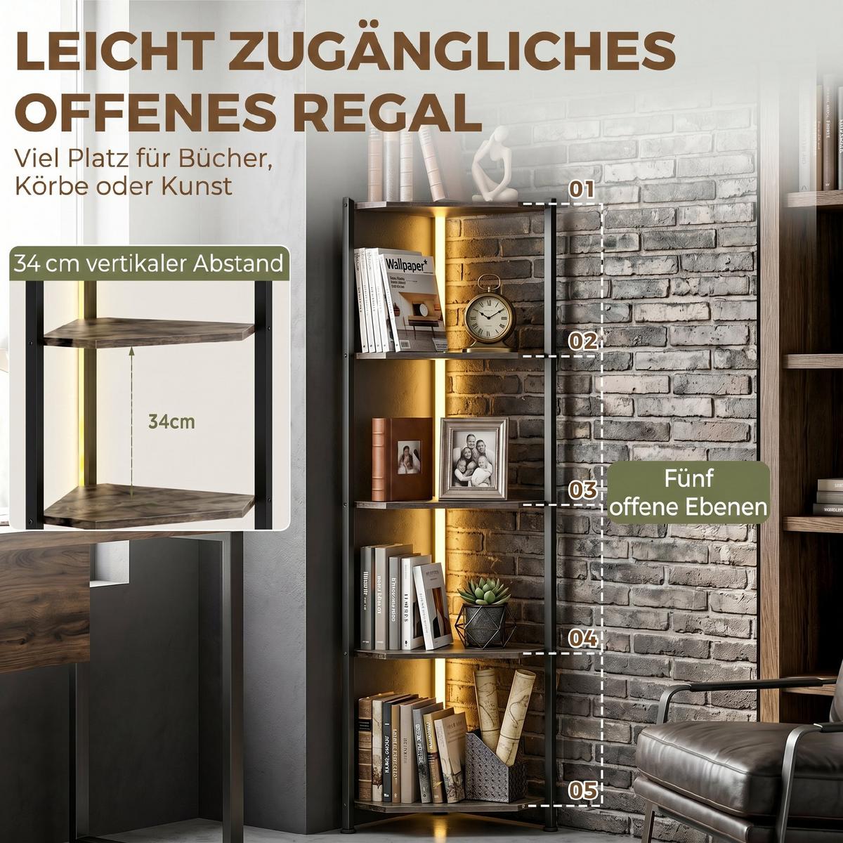 BÜCHERREGAL Spanplatte Stahl Rustikal Braun - Schwarz/Braun, Holzwerkstoff/Metall (32/147/32cm) - HOMCOM