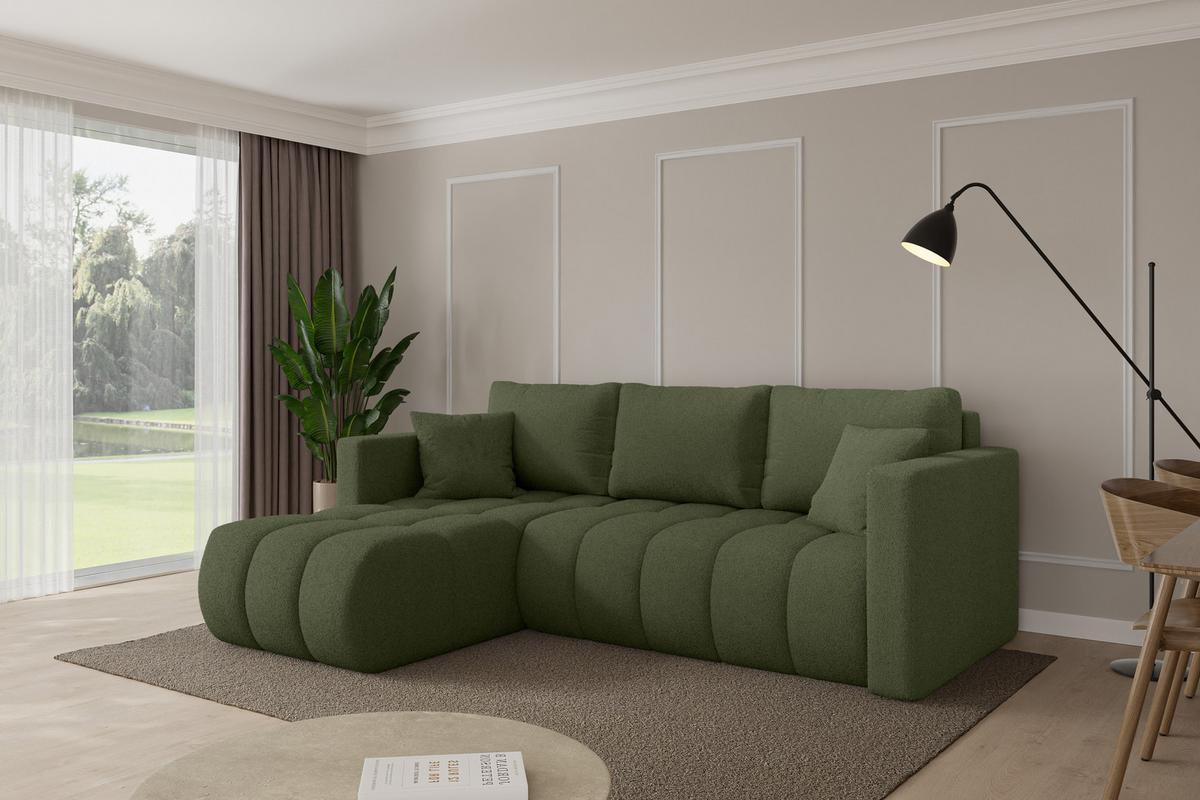 ECKSOFA mit Schlaffunktion Ottomane Links GARD-L 226x146x85 Grün Bouclé - Schwarz/Olivgrün, Holzwerkstoff/Kunststoff (226/146cm) - ALTDECOR
