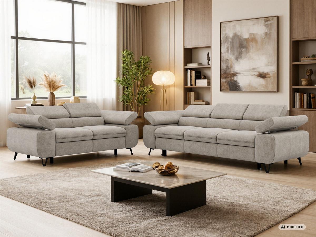 SITZGARNITUR PETERS 2+3 - Greige Stukture - Greige/Schwarz, Textil/Metall (262/76/99cm) - MKS