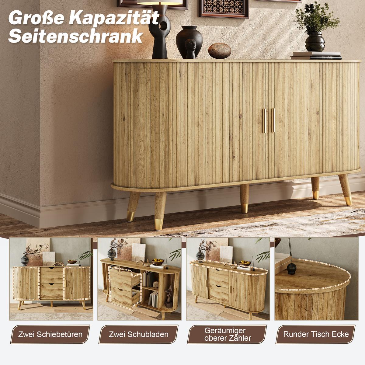 SIDEBOARD Naturholzoptik Abgerundet mit 2 Schiebetüren & 2 Schubladen - Naturfarben, Holzwerkstoff (140/79.5/40cm) - Urban Meuble