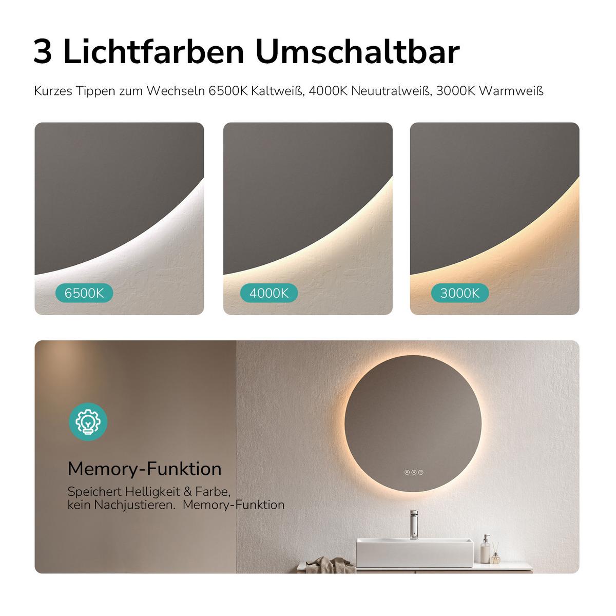 BADSPIEGEL Rund mit Beleuchtung Rahmenlos, 3 Lichtfarben, beschlagfrei, Ø 60 cm - Transparent, Glas (60/60/3.5cm) - EMKE