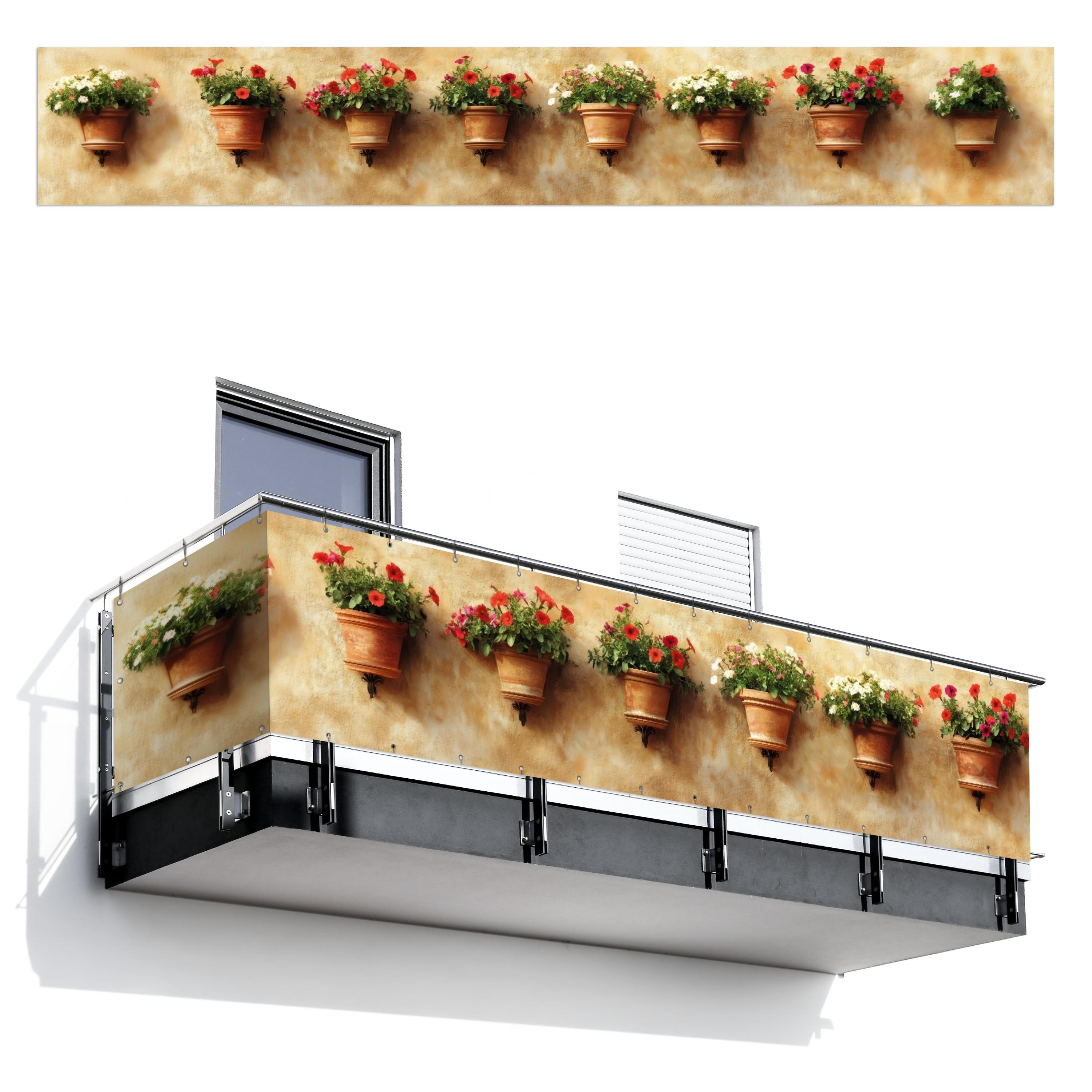 BALKON-SICHTSCHUTZ Blumentöpfe - Wand - Vintage Balkon Deko 500x75 cm - Terracotta, Kunststoff (500/75cm) - MuchoWow