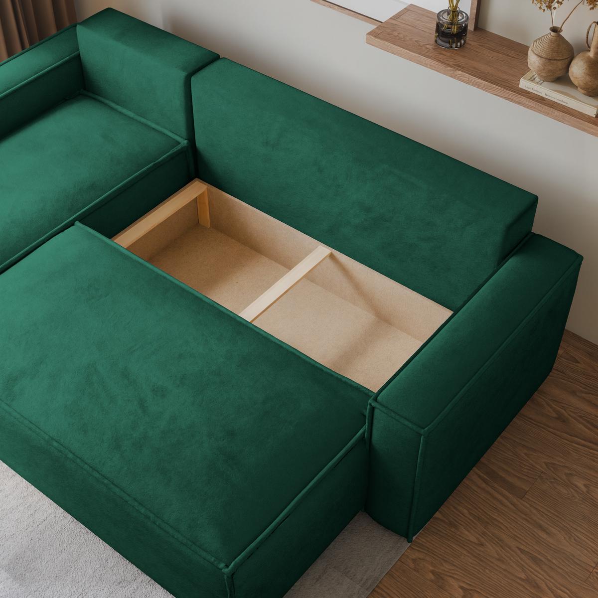 ECKSOFA RAVELO M Grün Velours-Stoff mit Schlaffunktion - Grau/Grün, Holz/Kunststoff (240/140cm) - MASSENO