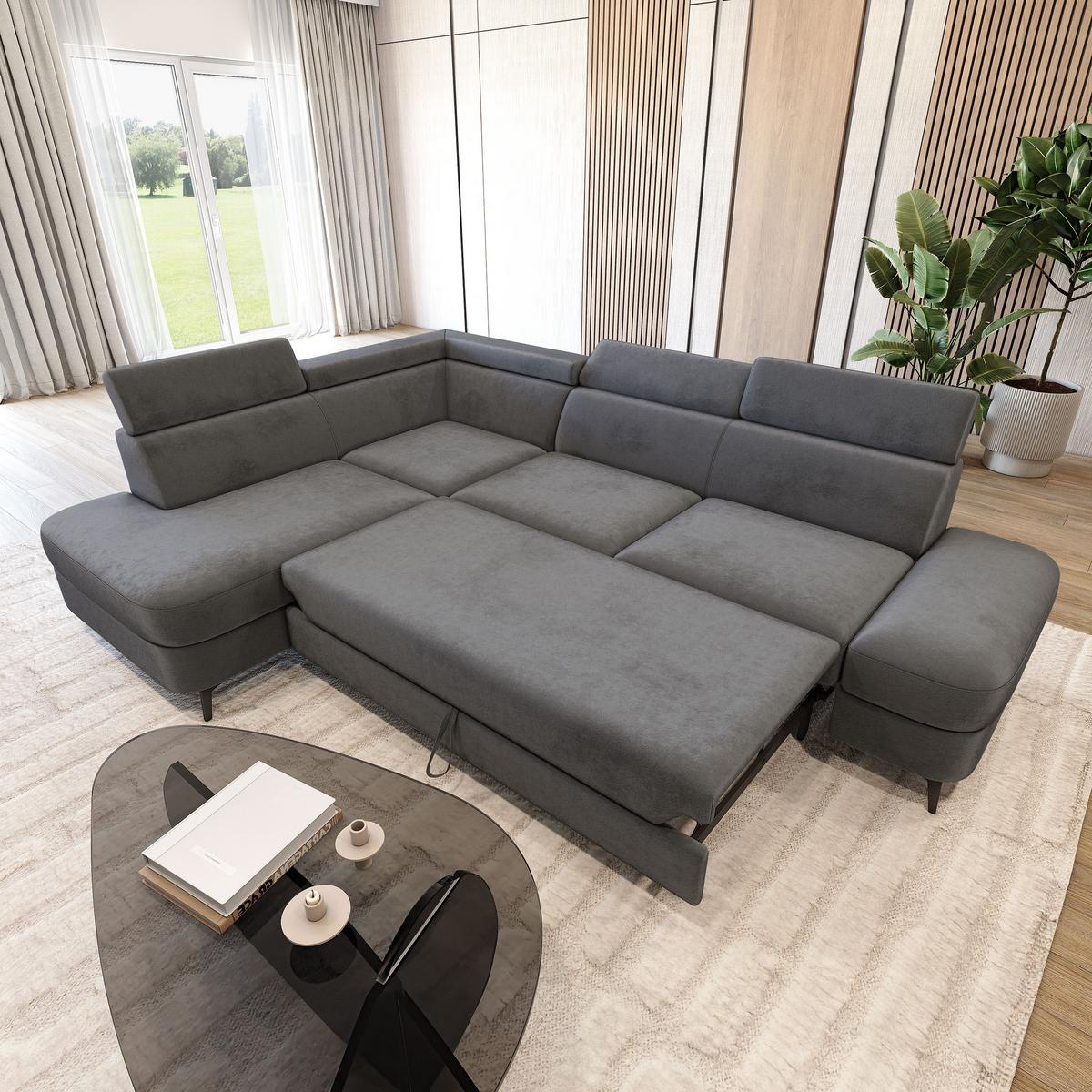 ECKSOFA AVISE M L-S Grau Velours-Stoff mit Schlaffunktion - Grau, Holzwerkstoff/Textil (268/195cm) - MASSENO