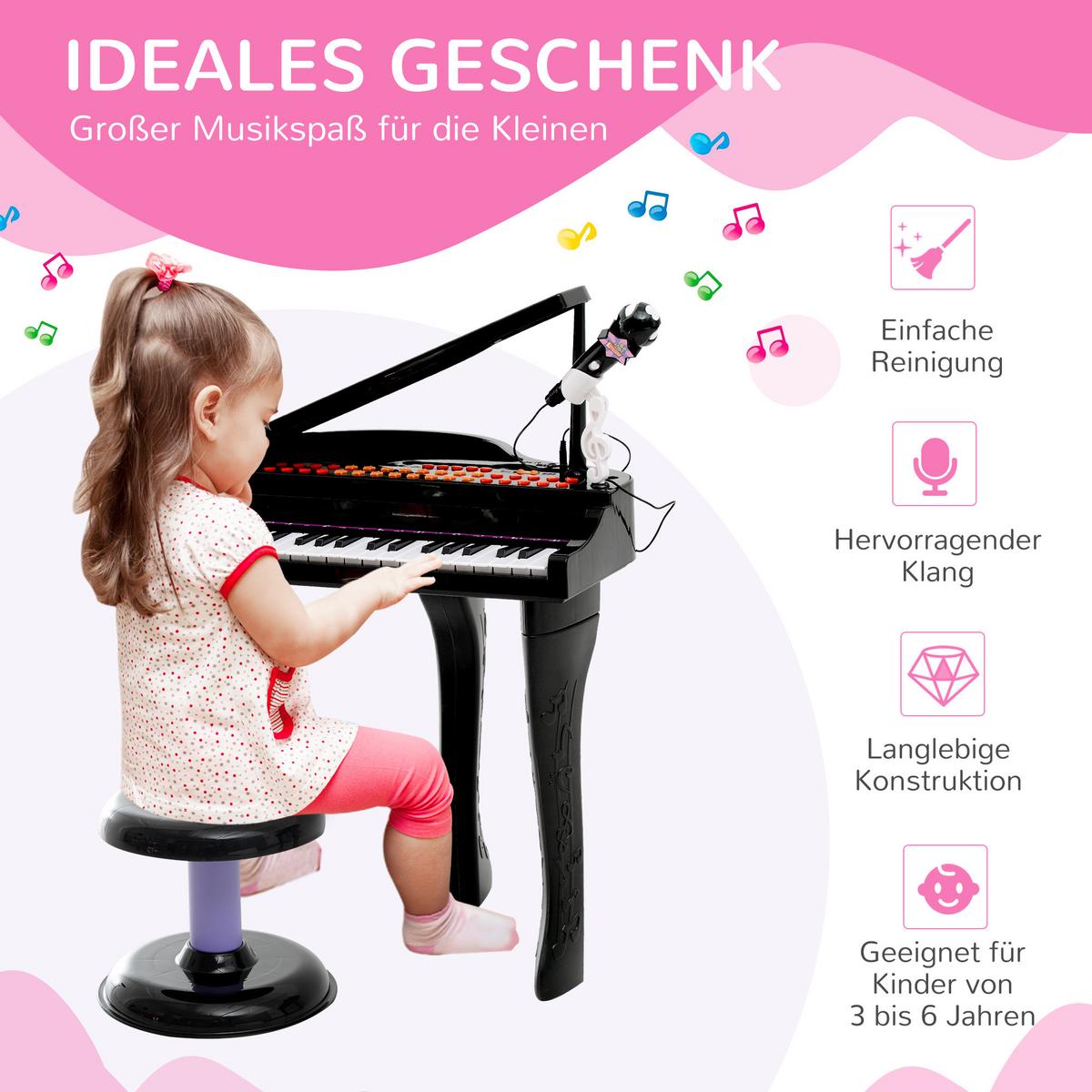 KINDER Klavier Piano Keyboard Musikinstrument MP3 USB 37 Tasten mit Hocker - Schwarz, Kunststoff (39/69/48cm) - HOMCOM