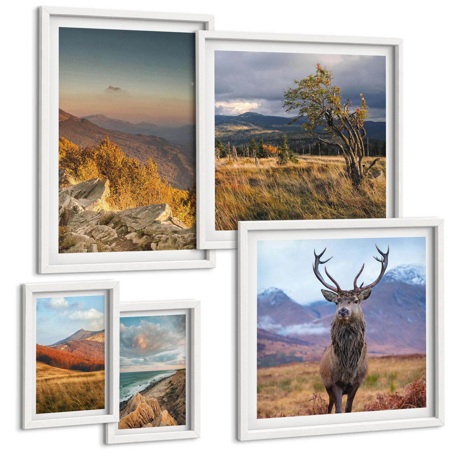 BILDER SET 5er Set - 50x50 cm & 20x30 cm & 40x60 cm Weißer Rahmen - Berglandschaften, Hirschgras - Weiß, Kunststoff (40/60cm) - TULUP