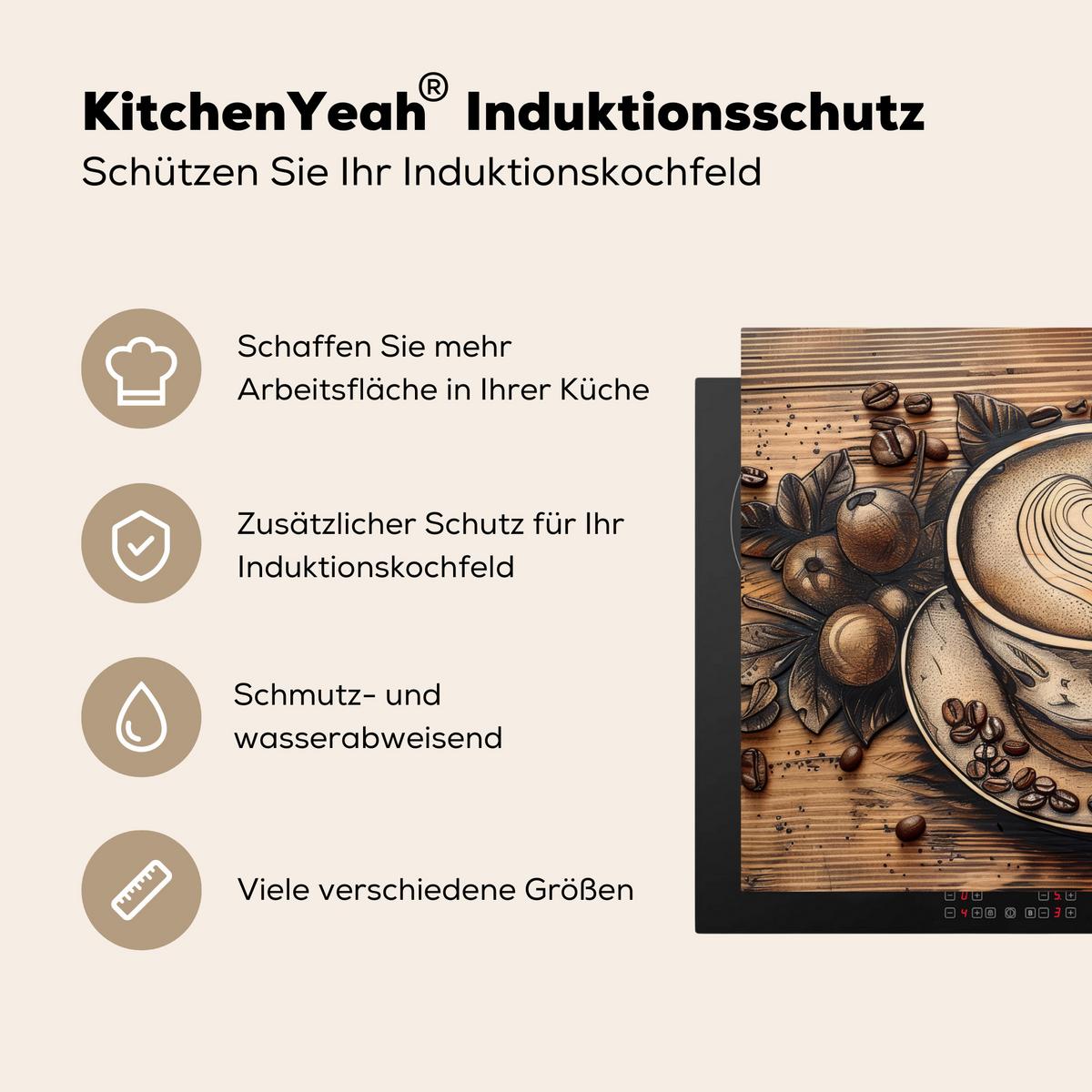 HERDABDECKPLATTE Kaffee - Vintage - Braun - Tasse - Holz Herdabdeckung Induktionsfeld 75x52 cm - Cappuccino, Kunststoff (75/52/0.2cm) - MuchoWow