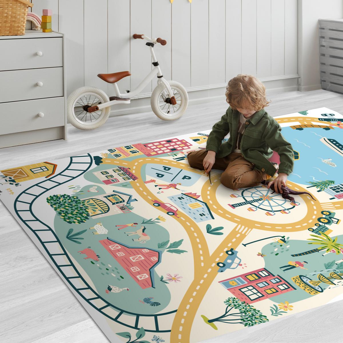KINDERTEPPICH Riesenrad - Stadt - Tiere - Auto - Kinder Spielmatte 120x180 cm - Multicolor, Kunststoff (120/0.3cm) - OnlyWow
