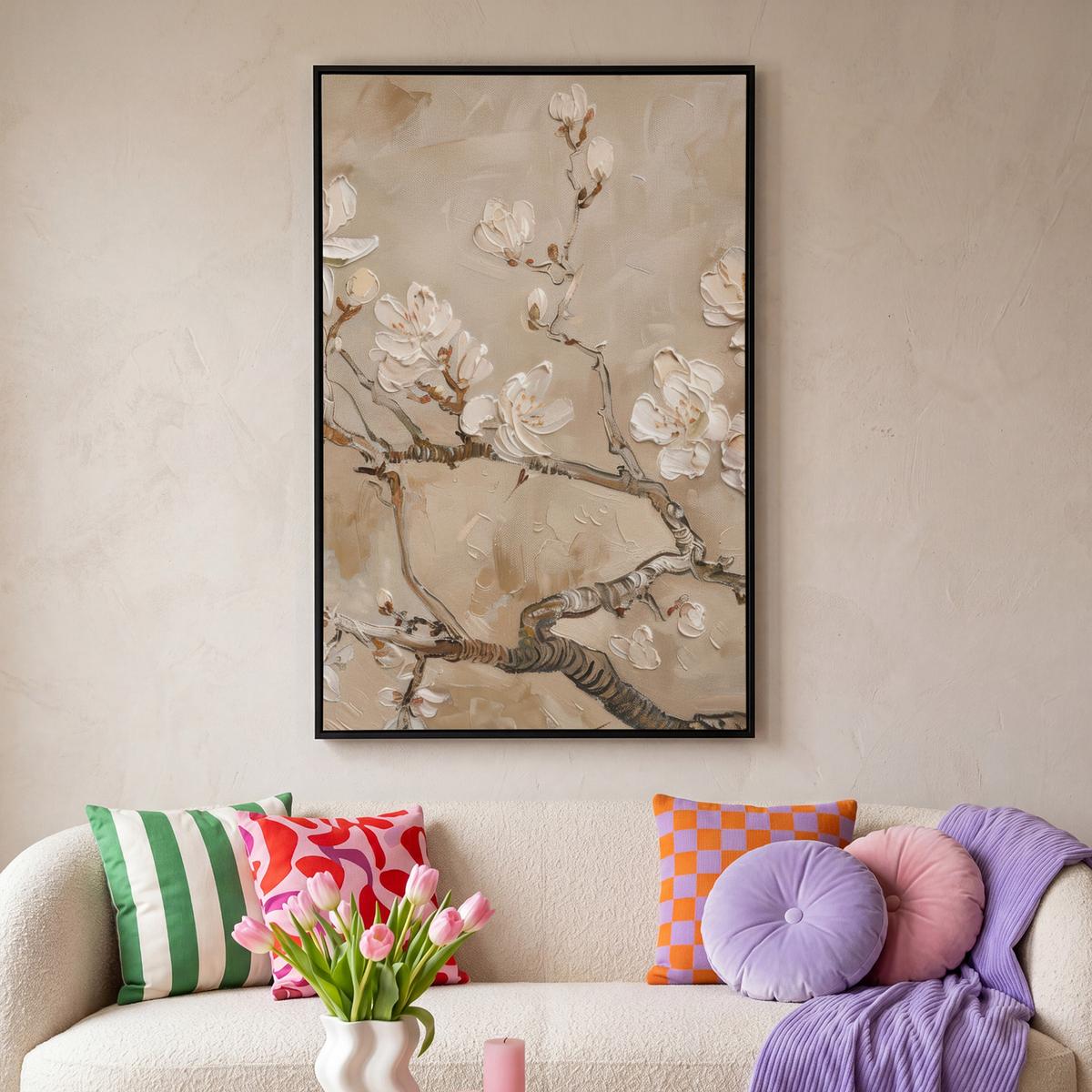 LEINWAND Bilder mit Rahmen - Blumen - Modern - Beige - Weiß - Blüte - 80x120 - Beige, Textil (80/120cm) - MuchoWow