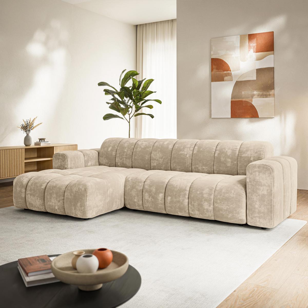 ECKSOFA SETIA LM L-S Creme Chenille - Creme, Holzwerkstoff (304/165cm) - MASSENO