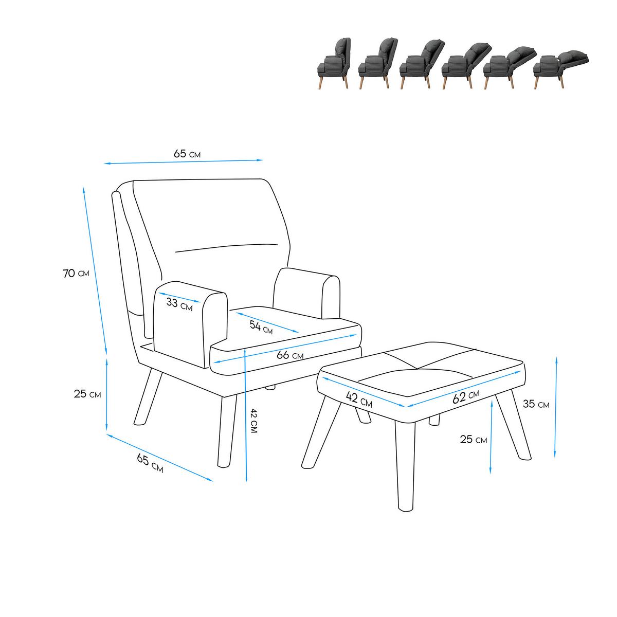 RELAXSESSEL NEMO mit Hocker und Holzfüßen - Grau, Holz (65/95/65cm) - Idohome