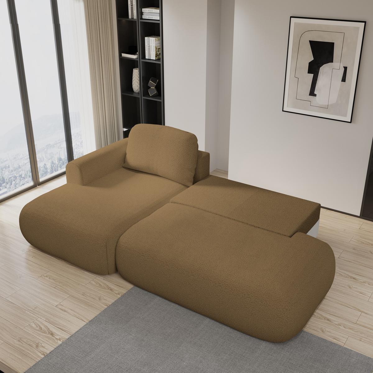 ECKSOFA NUVIRA L-S Orange Boucle-Stoff mit Schlaffunktion - Orange, Holz (279/158cm) - MASSENO