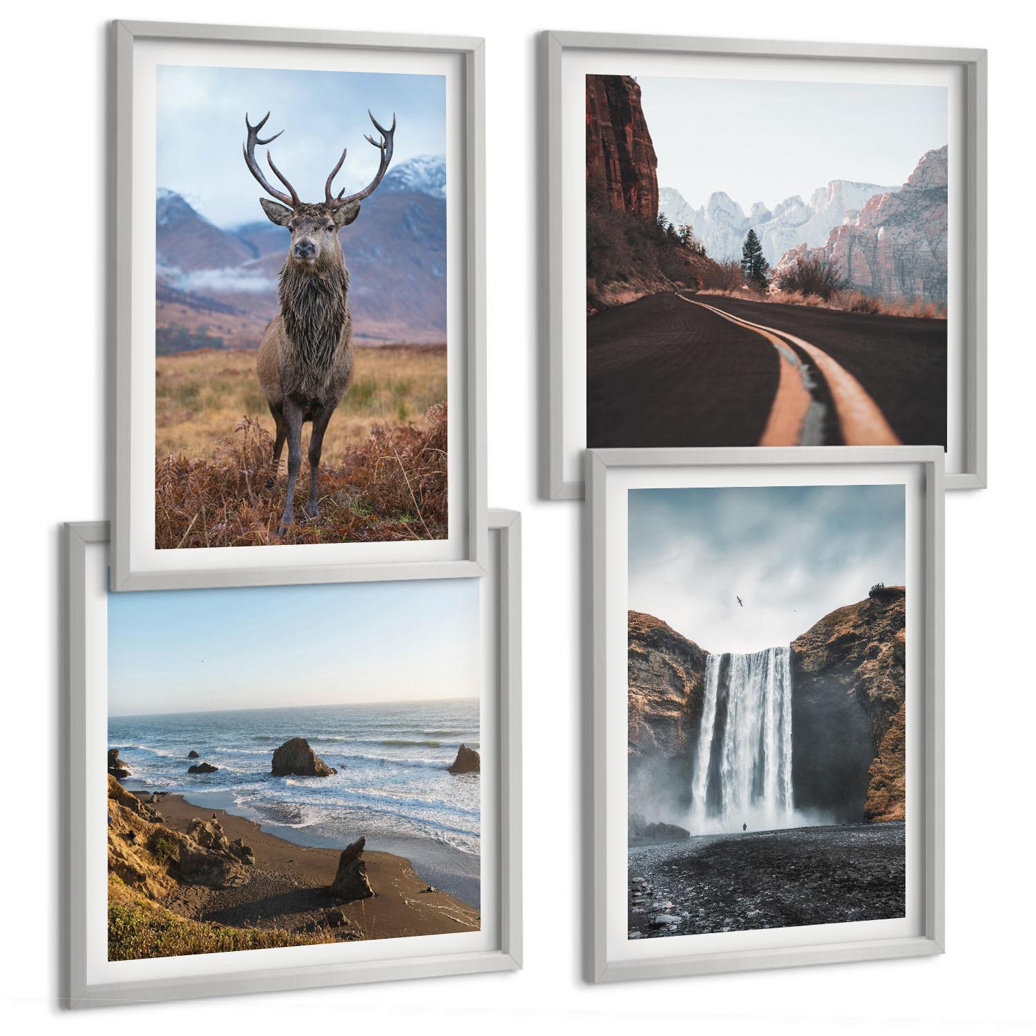 BILDER SET 4er Set - 50x50 cm & 40x60 cm Silberner Rahmen - Berglandschaften, Wasserfälle, Hirsche, Strände - Silberfarben, Kunststoff (50/50cm) - TULUP