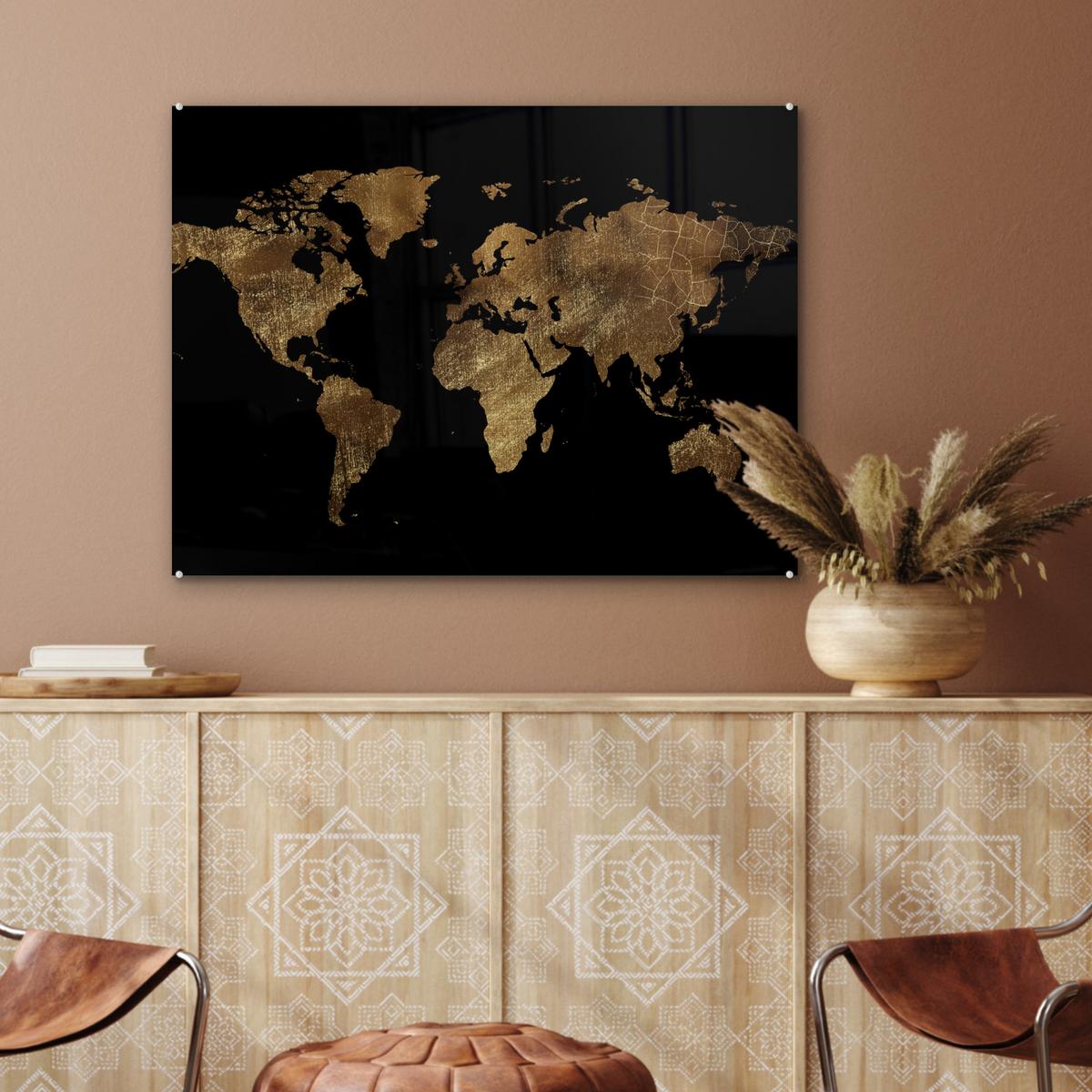 ACRYLGLASBILD Weltkarte - Gold - Luxus - Erde - Schwarz 80x60 cm - Goldfarben, Glas (80/60cm) - MuchoWow
