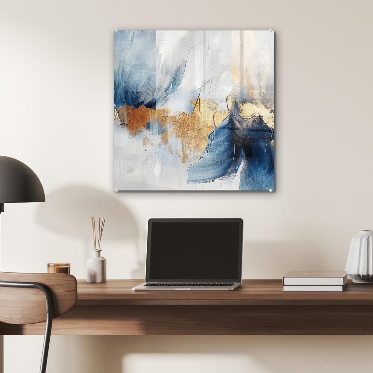 ACRYLGLASBILD Gold - Blau - Aquarell - Kunst - Modern 50x50 cm - Hellblau, Glas (50/50cm) - MuchoWow