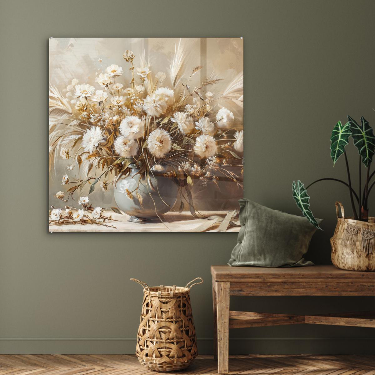 ACRYLGLASBILD Blumen - Vase - Stilleben - Beige 90x90 cm - Creme, Glas (90/90cm) - MuchoWow