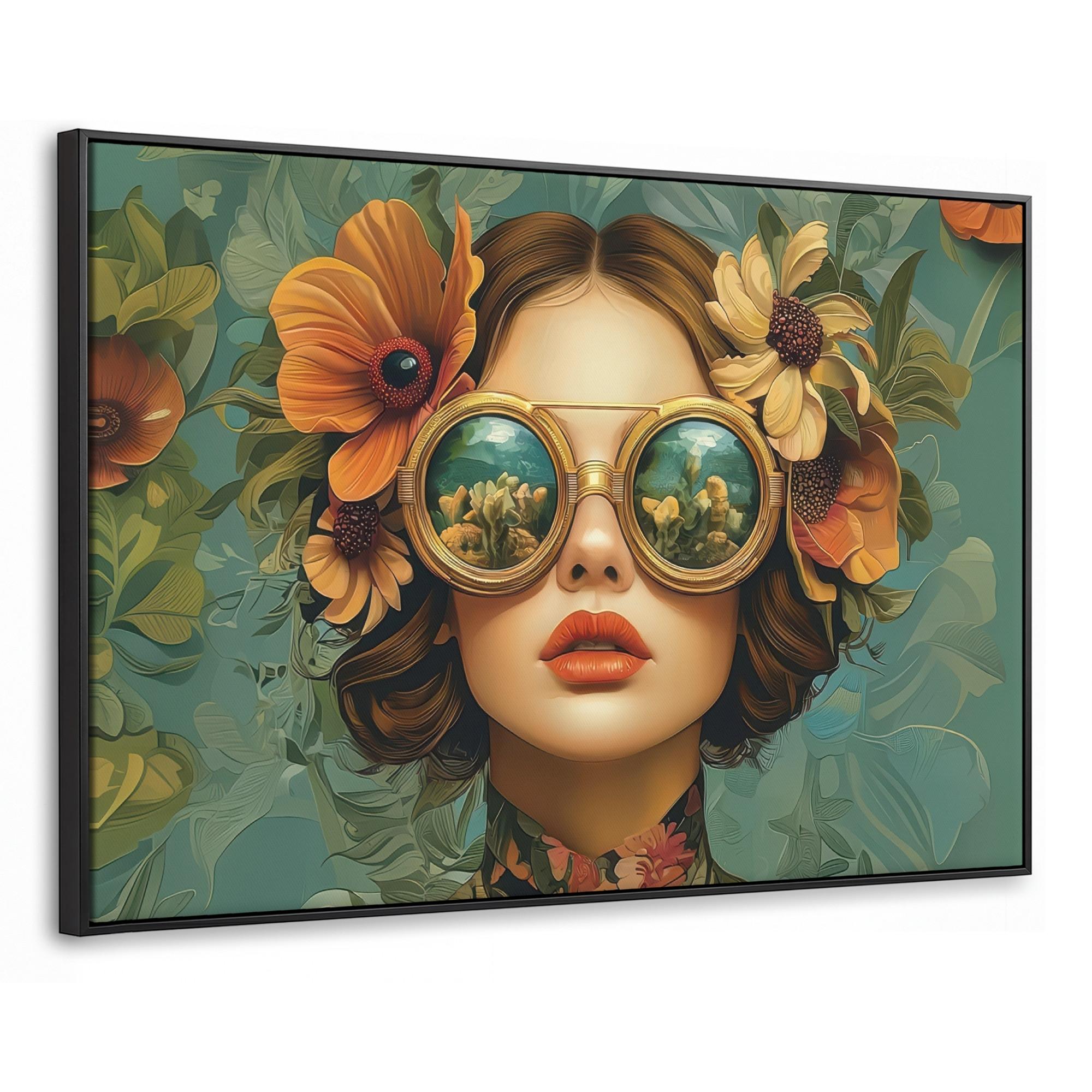 LEINWAND Bilder mit Rahmen - Frau - Blumen - Schmetterlinge - Natur - Vintage - 90x60 - Salbeigrün, Textil (90/60cm) - MuchoWow