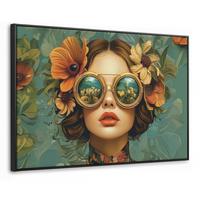 LEINWAND Bilder mit Rahmen - Frau - Blumen - Schmetterlinge - Natur - Vintage - 120x80 - Salbeigrün, Textil (120/80cm) - MuchoWow
