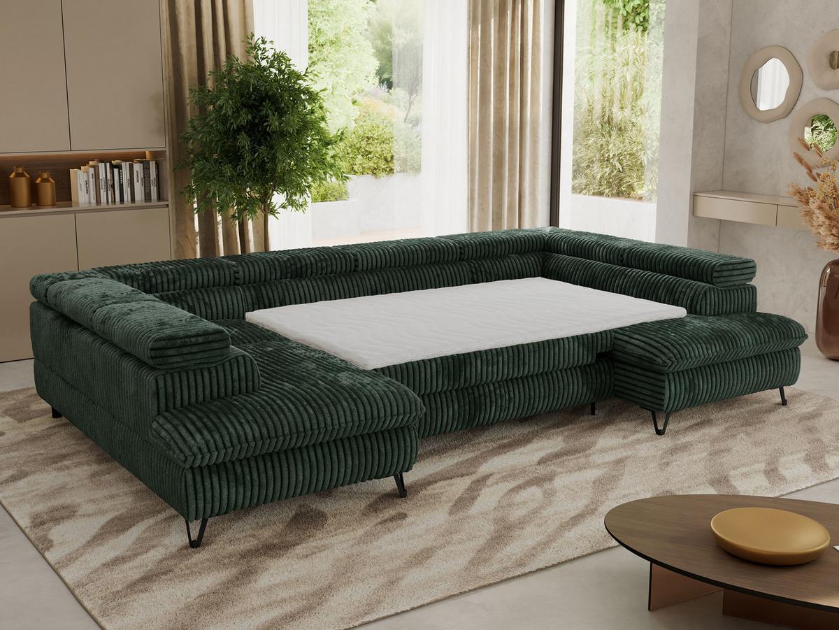 WOHNLANDSCHAFT PABLO U Cord Dunkelgrün mit Topper Visco - Schwarz/Grün, Textil/Metall (346/76/208cm) - MKS