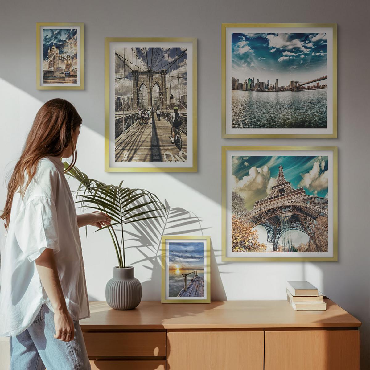 BILDER SET 5er Set - 50x50 cm & 20x30 cm & 40x60 cm Goldrahmen - Abstrakte geometrische Formen - Goldfarben, Kunststoff (40/60cm) - TULUP