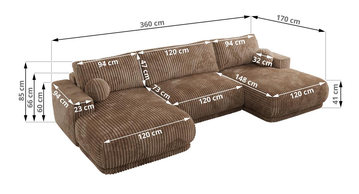 WOHNLANDSCHAFT RINA U Braun Cord - Schwarz/Braun, Kunststoff/Textil (360/85/170cm) - MKS